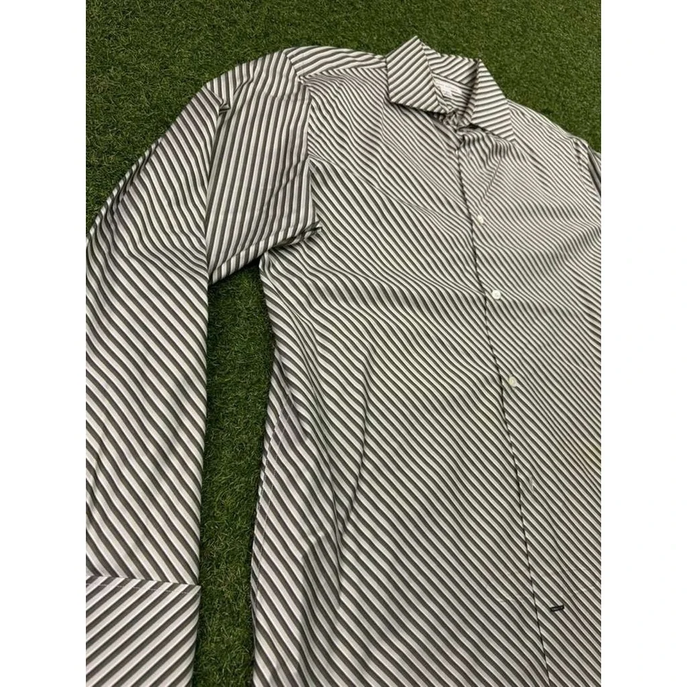 Banana Republic Dress Shirt Men Large 16-16.5 Green Gray Striped Formal Business